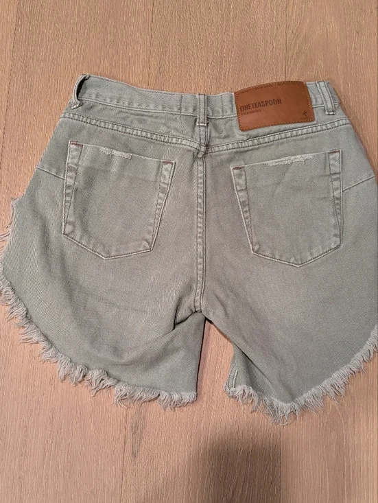 Frayed Edge High-Rise Denim Shorts in Sage Green - Picture 3 of 6